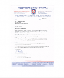 Letter of transfer of Rev. Frimpong-Manso from PCG to PC-NYC
