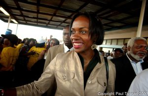 Clar Weah, wife of presidential candidate George Weah, arrives at Robert's International Airport in Harbel, Liberia on Oct. 5, 2005. The family lives in Fort Laurderdale, FL., Clar has come to help support her husband in the last week of campaigning, the elcetion is on Oct. 11.