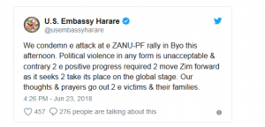 The US Embassy in Harare condemned the attack.